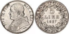 Italian States Papal States 5 Lire 1867 XXI R Rare
KM# 1385, N# 18111; Silver; Pius IX; Rome Mint; Mintage 5800; XF-AUNC
