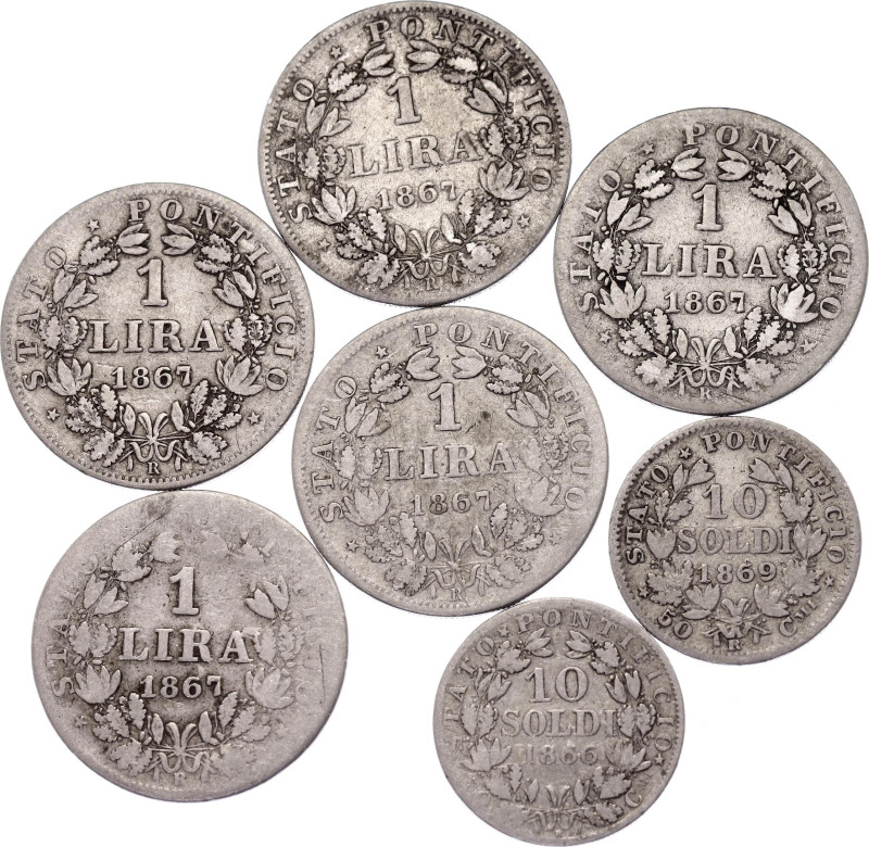 Italian States Papal States Lot of 7 Coins 1866 - 1869 R
Silver; 1 Lira 1867 & ...