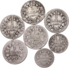 Italian States Papal States Lot of 7 Coins 1866 - 1869 R
Silver; 1 Lira 1867 & 10 Soldi 1866 - 1869; Pio IX; G/VF