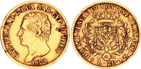Italian States Sardinia 20 Lire 1828 L
KM# 118.1, N# 111355; Gold (.900) 6.45 g.; Carlo Felice; Torino Mint; XF