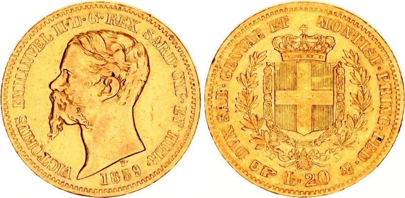 Italian States Sardinia 20 Lire 1859 P
KM# 146.2, Fr# 1146, N# 3660; Gold (.900...