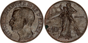 Italy 10 Centesimi 1911 R
KM# 51, N# 4256; Bronze; Vittorio Emanuele III; 50th Anniversary of the Kingdom; Rome Mint; UNC