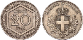 Italy 20 Centesimi 1918 R Overstrike
Vittorio Emanuele III; Overstrike on 20 Centesimi 1894-1895; XF