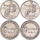 Italy 2 x 1 Lira 1923 - 1924 R
KM# 62, N# 2595; Vittorio Emanuele III; AUNC/UNC