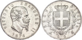 Italy 5 Lire 1874 M BN
KM# 8.3, N# 2290; Silver; Vittorio Emanuele II; Milan Mint; UNC with minor hairlines