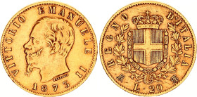Italy 20 Lire 1873 MBN
KM# 10.3, N# 17714; Gold (.900) 6.45 g.; Vittorio Emanuele II; Milan Mint; VF-XF