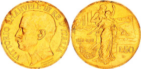 Italy 50 Lire 1911 (ND) R
KM# 54, N# 21251; Gold (.900) 16.13 g.; Vittorio Emanuele III; 50th Anniversary of the Kingdom of Italy; Rome Mint; Mintage...