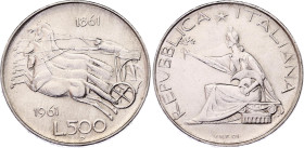 Italy 500 Lire 1961 R
KM# 99, N# 7345; Silver; Italian Unification Centennial; UNC with mint luster & minor hirlines