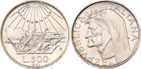 Italy 500 Lire 1965 R
KM# 100, N# 7346; Silver; 700th Anniversary of the birth of Dante Alighieri; UNC with mint luster