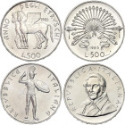 Italy 2 x 500 Lire 1985 R
KM# 118, 123; Silver; Year of Etruscan Culture & 200th Anniversary of Birth of Alessandro Manzoni; Rome Mint; UNC