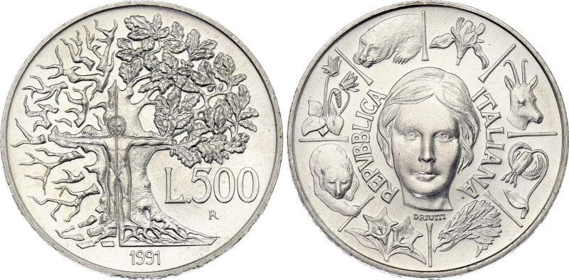 Italy 500 Lire 1991 R
KM# 143, N# 52561; Silver; Flora and Fauna of Italy (1st ...