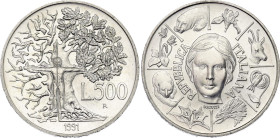 Italy 500 Lire 1991 R
KM# 143, N# 52561; Silver; Flora and Fauna of Italy (1st Issue); Rome Mint; Mintage 50000; UNC