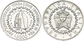 Italy 5000 Lire 1993 R
KM# 170, N# 11387; Silver; 650th Anniversary of the foundation of the University of Pisa - Second Issue; Rome Mint; Mintage 42...
