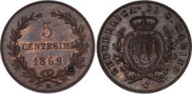 San Marino 5 Centesimi 1869 M
KM# 1, N# 4248; UNC-, mint luster remains