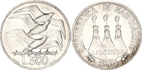 San Marino 500 Lire 1975 R
KM# 47, N# 13704; Silver; Birds; UNC