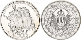 San Marino 500 Lire 1990 R
KM# 246, N# 13721; Silver; World Cup Soccer Championship Games; UNC with full mint luster