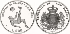 San Marino 500 Lire 1994 R
KM# 317, N# 36607; Silver., Proof; 1994 Soccer World Cup, United States