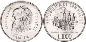 San Marino 1000 Lire 1978
KM# 85, N# 13722; Silver; 150th Anniversary of the Birth of Tolstoy; UNC with full mint luster