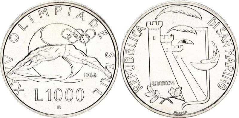 San Marino 1000 Lire 1988 R
KM# 217, N# 43997; Silver; 1988 Summer Olympics, Se...