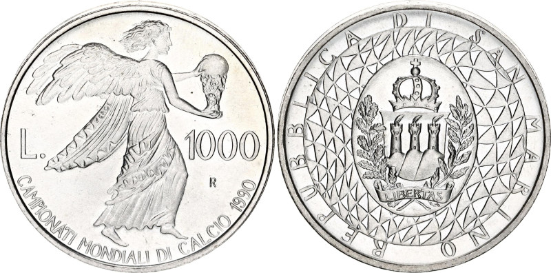 San Marino 1000 Lire 1990 R
KM# 247, N# 54265; Silver; 1990 World Cup, Italy; U...