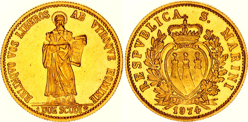 San Marino 2 Scudi 1974
KM# 39, N# 94749; Gold (.917) 6 g., 21 mm., Prooflike; ...