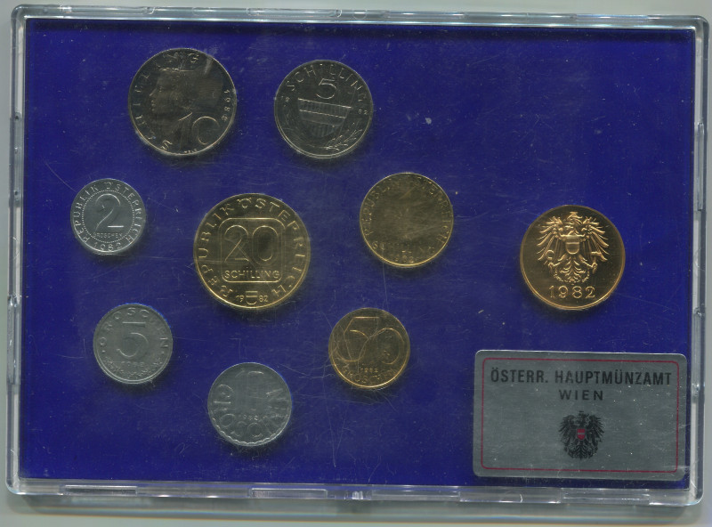 Austria Set of 8 Coins & 1 Token 1982
Various Metals., Proof; In Original Packi...