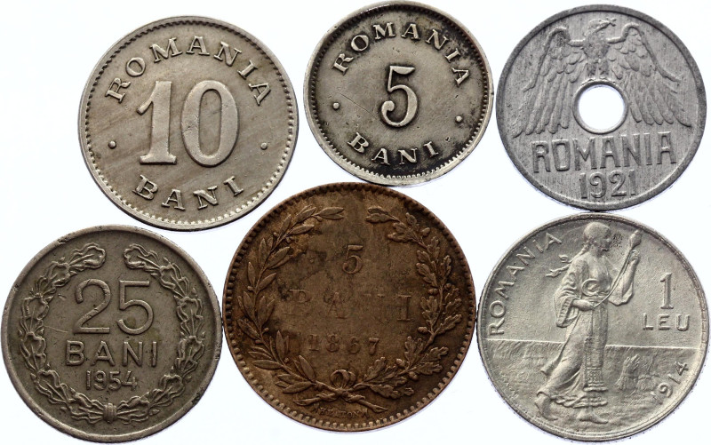 Romania Lot of 6 Coins 1867 - 1954
With Silver; Various Dates & Denominations