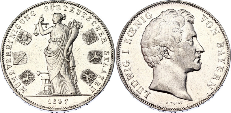 German States Bavaria 2 Taler / 3-1/2 Gulden 1837
KM# 792; Silver; Ludwig I; Mo...