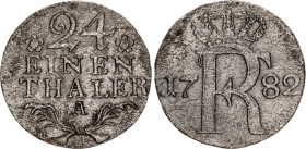 German States Prussia 1/24 Taler 1782 A
KM# 296, Schön# 13, N# 18155; Silver; Friedrich II; Berlin Mint; VF-XF