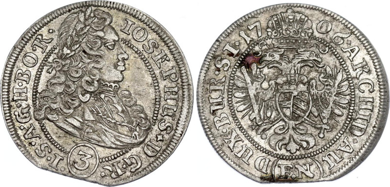 German States Silesia 3 Kreuzer 1706 FN
KM# 687, N# 18843; Silver; Joseph I; Br...