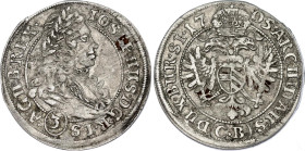 German States Silesia 3 Kreuzer 1705 CB
KM# 690, N# 47285; Silver; Joseph I; Brieg Mint; VF