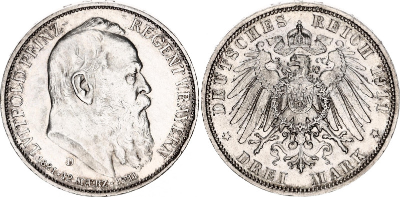 Germany - Empire Bavaria 3 Mark 1911 D
KM# 998, N# 15935; Silver; Otto; AUNC