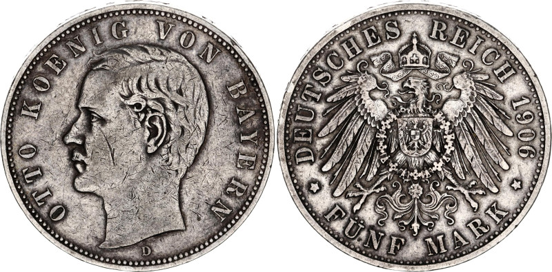 Germany - Empire Bavaria 5 Mark 1906 D
KM# 915, N# 10914; Silver; Otto; VF+/XF-