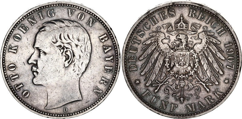 Germany - Empire Bavaria 5 Mark 1907 D
KM# 915, N# 10914; Silver; Otto; XF with...