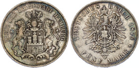 Germany - Empire Hamburg 5 Mark 1876 J
KM# 598, J. 62, N# 20428; Silver; Hamburg Mint; XF Toned