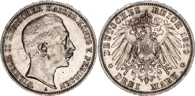 Germany - Empire Prussia 3 Mark 1910 A
KM# 527, N# 3643; Silver; Wilhelm II; XF...