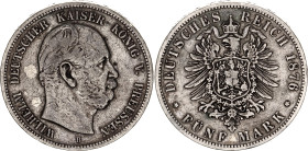 Germany - Empire Prussia 5 Mark 1876 B
KM# 503, N# 19823; Silver; Wilhelm I; VF+