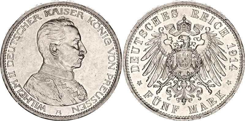 Germany - Empire Prussia 5 Mark 1914 A
KM# 523, N# 11814; Silver; Wilhelm II; U...