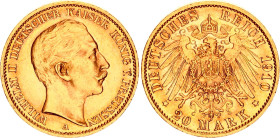 Germany - Empire Prussia 20 Mark 1910 A
KM# 521, J. 252, N# 21444; Gold (.900) 7.97 g.; Wilhelm II; Berlin Mint; AUNC-UNC Luster