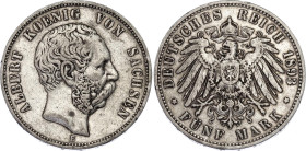 Germany - Empire Saxony-Albertine 5 Mark 1893 E
KM# 1246, J. 125, N# 26554; Silver; Albert I; Muldenhutten Mint; Mintage 52150; VF-XF