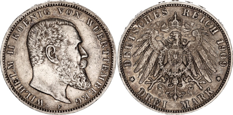 Germany - Empire Wurttemberg 3 Mark 1909 F
KM# 635, N# 10840; Silver; Wilhelm I...