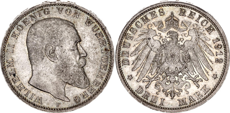 Germany - Empire Wurttemberg 3 Mark 1912 F
KM# 635, N# 10840; Silver; Wilhelm I...