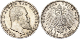 Germany - Empire Wurttemberg 3 Mark 1914 F
KM# 635, J. 175, N# 10840; Silver; Wilhelm II; Stuttgart Mint; UNC