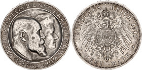 Germany - Empire Wurttemberg 3 Mark 1911 F
KM# 637, N# 86635; High H Type; Silver; Wilhelm II; Wedding Anniversary; UNC with minor edge nick