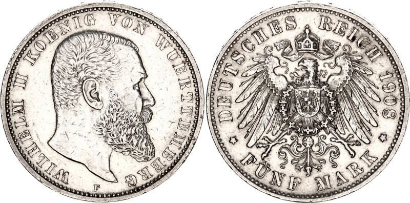 Germany - Empire Wurttemberg 5 Mark 1908 F
KM# 632, N# 15899; Silver; Wilhelm I...