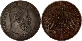 Germany - Empire Wurttemberg 5 Mark 1913 F
KM# 632, AKS# 143, J. 176, N# 15899; Silver; Wilhelm II; Stuttgart; AUNC Toned