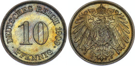 Germany - Empire 10 Pfennig 1909 J
KM# 12, AKS# 12, J. 13, N# 1915; Copper-nickel; Wilhelm II; Hamburg Mint; UNC with nice gold toning
