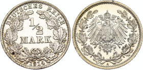 Germany - Empire 1/2 Mark 1914 A
KM# 17, AKS# 6, J. 16, N# 2340; Silver; Wilhelm II; Berlin Mint; UNC