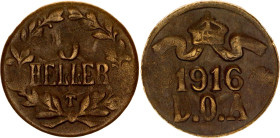 German East Africa 5 Heller 1916 T
KM# 14.2, N# 21770; Brass; Wilhelm II; Tabora Emergency Coinage