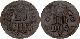 German East Africa 20 Heller 1916 T
KM# 15, N# 11912; Obverse B, Reverse B; Copper; Wilhelm II; Tabora Emergency Coinage